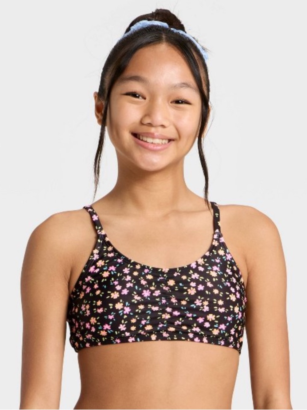 Art Class Girls' Floral Trilette Shirred Swimsuit Top - Black